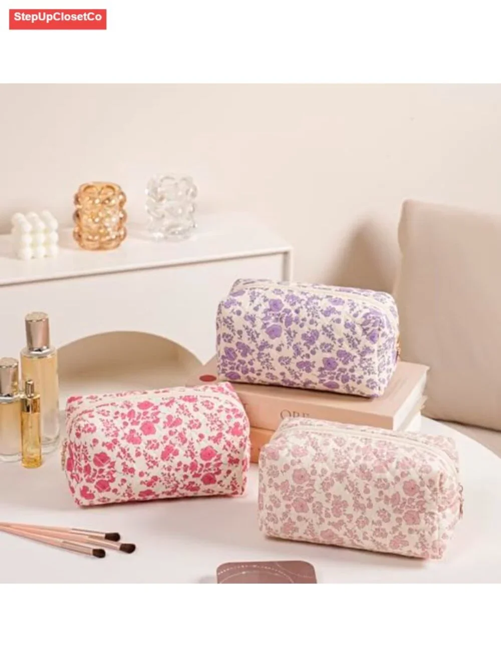 Quilted Cotton Square Makeup Bag with Metal Zipper, Cute Floral Design for